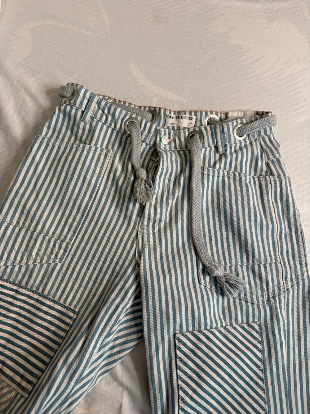 Striped Drawstring Utility Pants in Light Blue & White - Picture 3 of 4